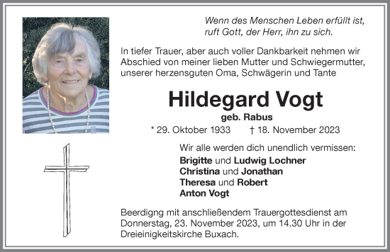 Traueranzeige von Hildegard Vogt von Memminger Zeitung