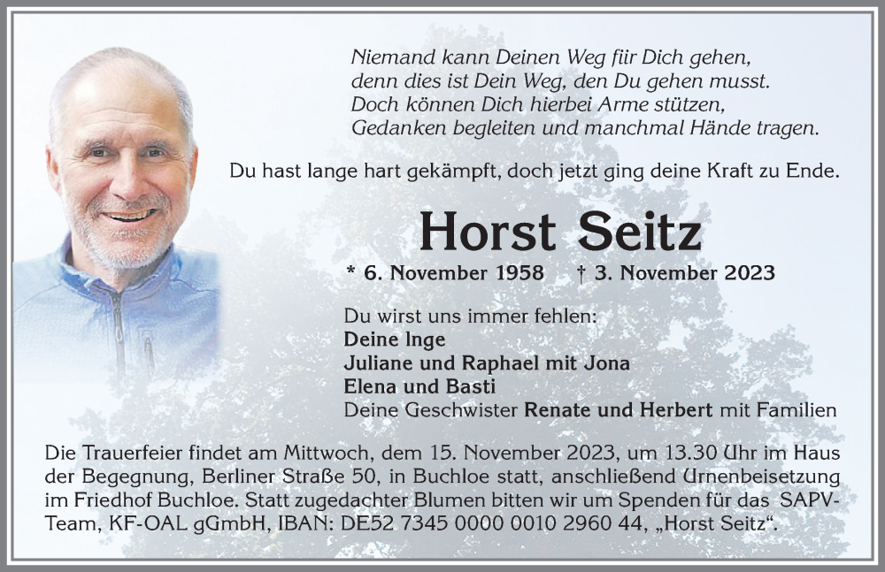  Traueranzeige für Horst Seitz vom 09.11.2023 aus Allgäuer Zeitung, Kaufbeuren/Buchloe