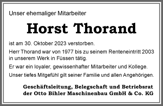Traueranzeige von Horst Thorand von Allgäuer Zeitung, Füssen
