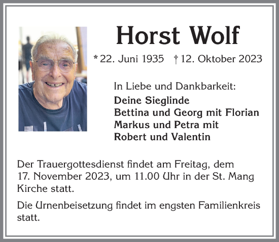 Traueranzeige von Horst Wolf von Allgäuer Zeitung,Kempten