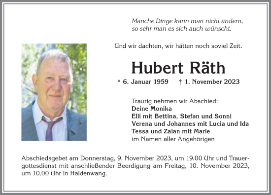 Traueranzeige von Hubert Räth von Allgäuer Zeitung,Kempten