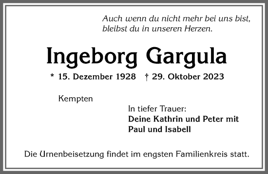 Traueranzeige von Ingeborg Gargula von Allgäuer Zeitung,Kempten