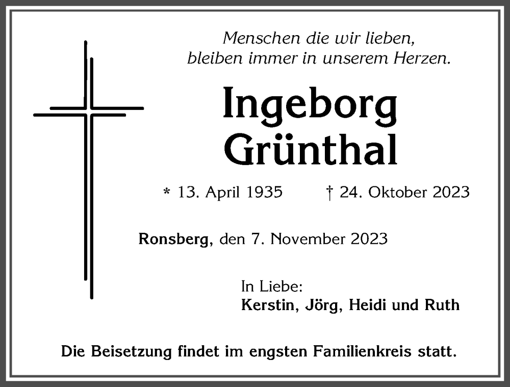  Traueranzeige für Ingeborg Grünthal vom 07.11.2023 aus Allgäuer Zeitung, Marktoberdorf