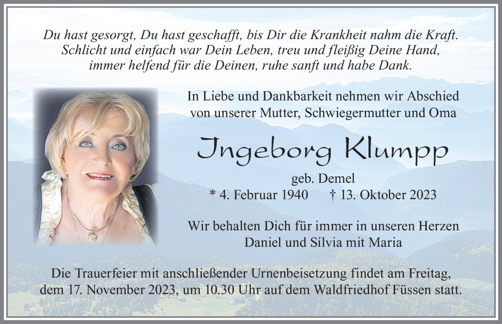  Traueranzeige für Ingeborg Klumpp vom 15.11.2023 aus Allgäuer Zeitung, Füssen