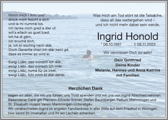 Traueranzeige von Ingrid Honold von Memminger Zeitung