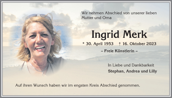 Traueranzeige von Ingrid Merk von Allgäuer Anzeigeblatt