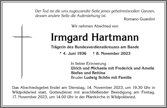Traueranzeige von Irmgard Hartmann von Allgäuer Zeitung,Kempten
