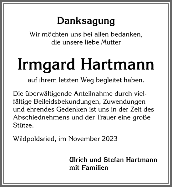 Traueranzeige von Irmgard Hartmann von Allgäuer Zeitung,Kempten
