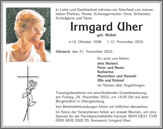 Traueranzeige von Irmgard Uher von Allgäuer Zeitung, Marktoberdorf