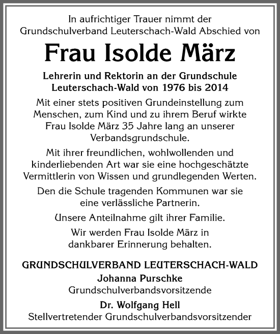 Traueranzeige von Isolde März von Allgäuer Zeitung, Marktoberdorf