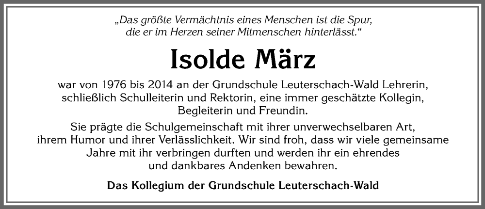  Traueranzeige für Isolde März vom 09.11.2023 aus Allgäuer Zeitung, Marktoberdorf