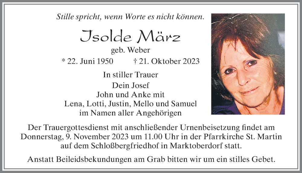  Traueranzeige für Isolde März vom 04.11.2023 aus Allgäuer Zeitung, Marktoberdorf