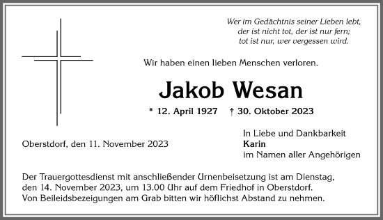 Traueranzeige von Jakob Wesan von Allgäuer Anzeigeblatt