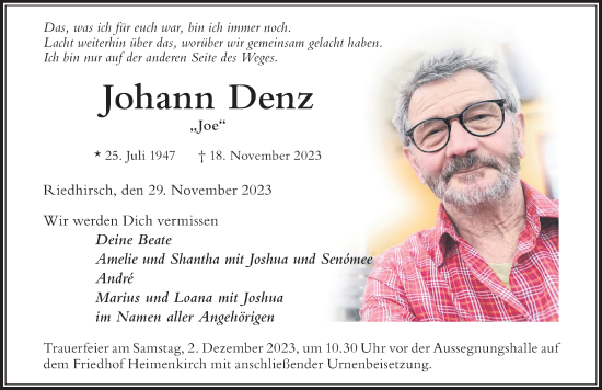 Traueranzeige von Johann Denz von Der Westallgäuer