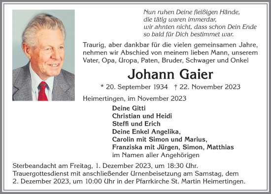 Traueranzeige von Johann Gaier von Memminger Zeitung