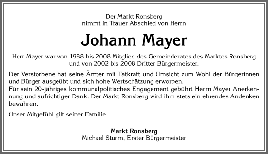 Traueranzeige von Johann Mayer von Allgäuer Zeitung, Marktoberdorf