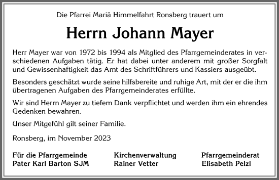 Traueranzeige von Johann Mayer von Allgäuer Zeitung, Marktoberdorf