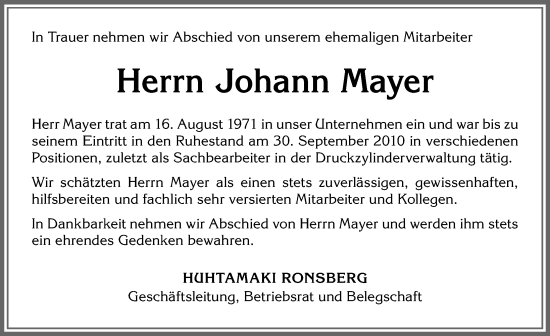 Traueranzeige von Johann Mayer von Allgäuer Zeitung, Marktoberdorf