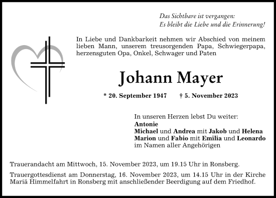 Traueranzeige von Johann Mayer von Allgäuer Zeitung, Marktoberdorf