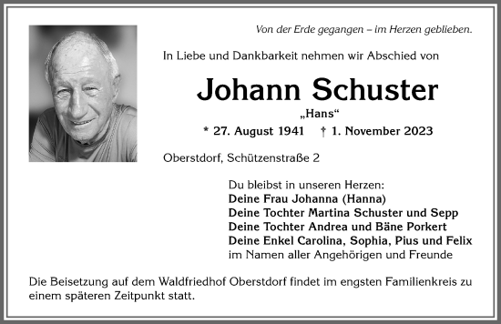 Traueranzeige von Johann Schuster von Allgäuer Anzeigeblatt