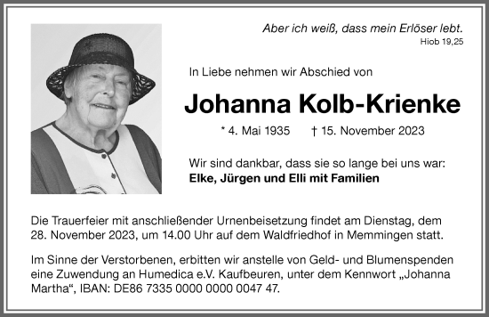 Traueranzeige von Johanna Kolb-Krienke von Memminger Zeitung