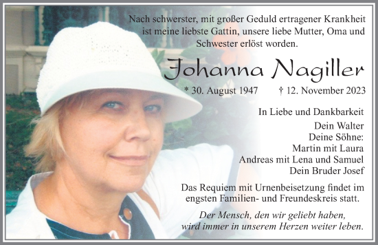 Traueranzeige von Johanna Nagiller von Allgäuer Zeitung, Füssen