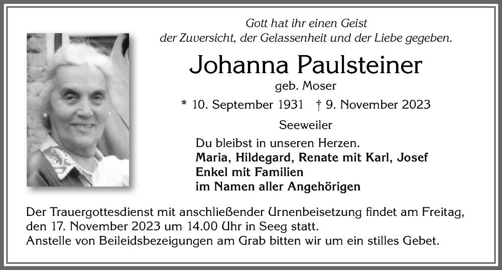  Traueranzeige für Johanna Paulsteiner vom 14.11.2023 aus Allgäuer Zeitung, Füssen