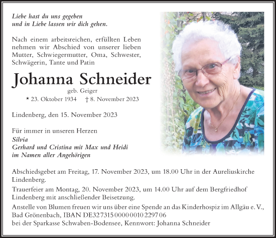 Traueranzeige von Johanna Schneider von Der Westallgäuer
