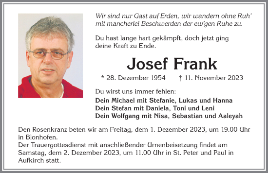 Traueranzeige von Josef Frank von Allgäuer Zeitung, Kaufbeuren/Buchloe