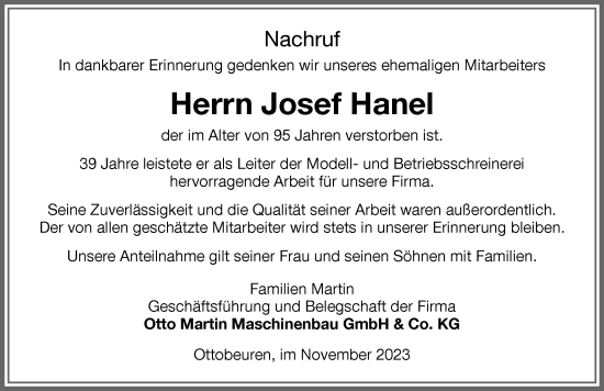 Traueranzeige von Josef Hanel von Memminger Zeitung