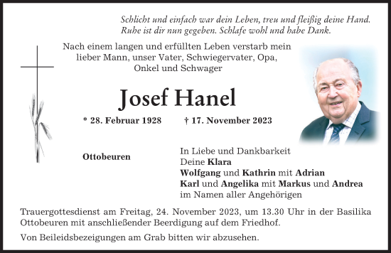 Traueranzeige von Josef Hanel von Memminger Zeitung