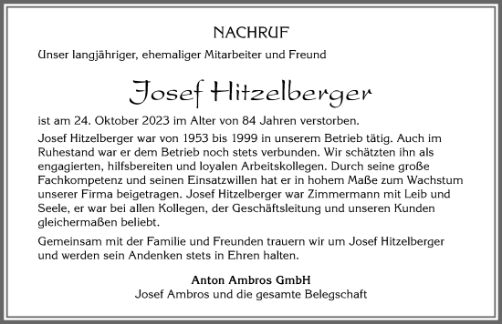 Traueranzeige von Josef Hitzelberger von Allgäuer Zeitung, Füssen
