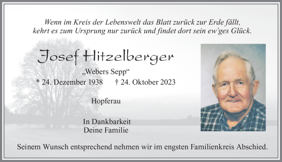 Traueranzeige von Josef Hitzelberger von Allgäuer Zeitung, Füssen