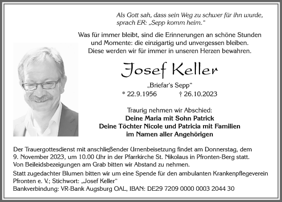 Traueranzeige von Josef Keller von Allgäuer Zeitung, Füssen