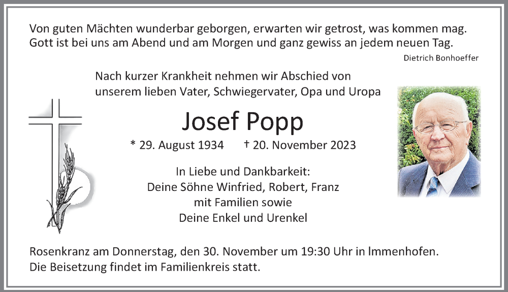  Traueranzeige für Josef Popp vom 28.11.2023 aus Allgäuer Zeitung, Marktoberdorf