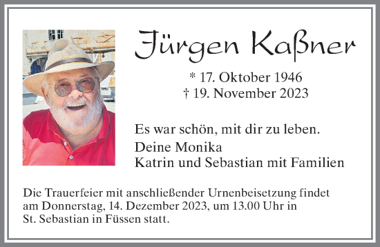Traueranzeige von Jürgen Kaßner von Allgäuer Zeitung, Füssen