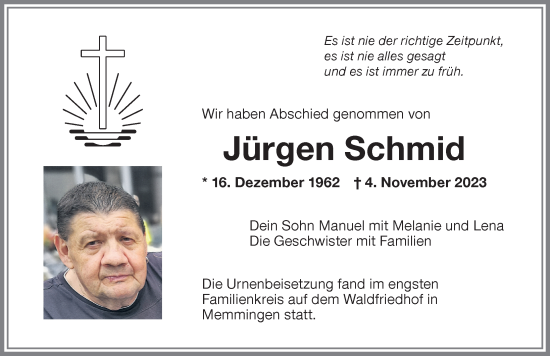 Traueranzeige von Jürgen Schmid von Memminger Zeitung