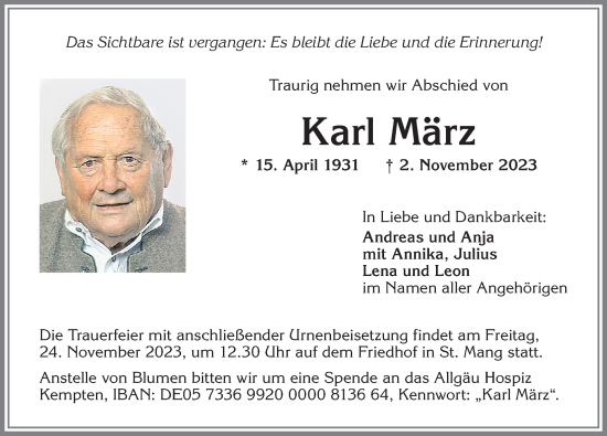 Traueranzeige von Karl März von Allgäuer Zeitung,Kempten