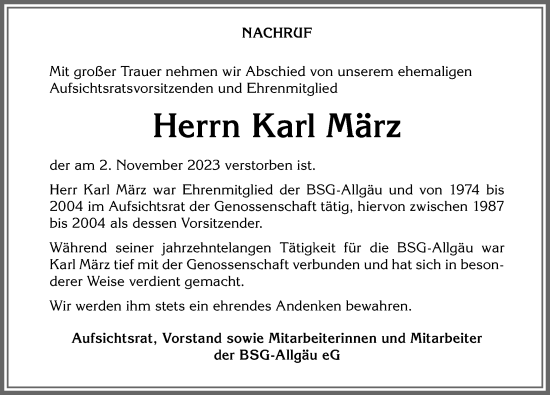Traueranzeige von Karl März von Allgäuer Zeitung,Kempten