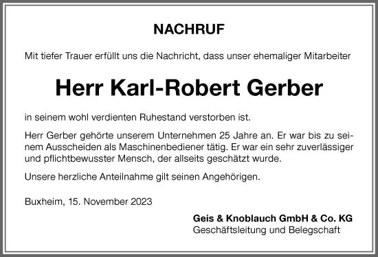 Traueranzeige von Karl-Robert Gerber von Memminger Zeitung