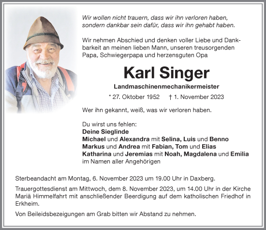 Traueranzeige von Karl Singer von Memminger Zeitung
