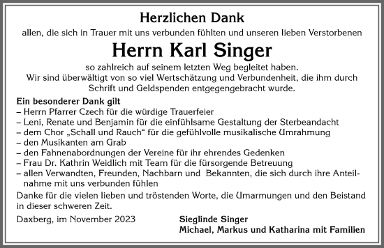 Traueranzeige von Karl Singer von Memminger Zeitung