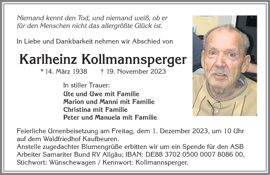 Traueranzeige von Karlheinz Kollmannsperger von Allgäuer Zeitung, Kaufbeuren/Buchloe