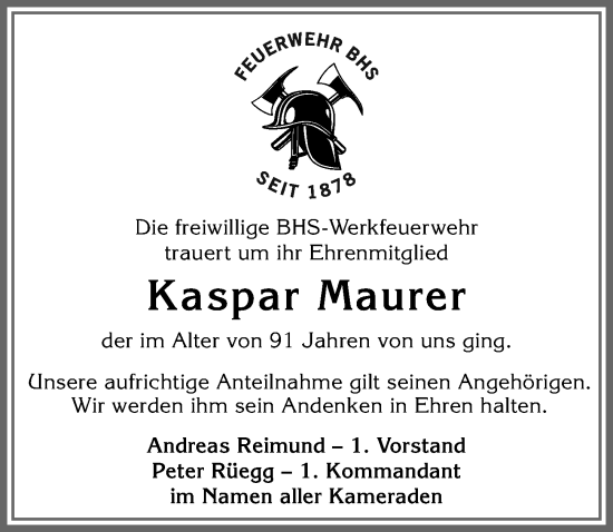 Traueranzeige von Kaspar Maurer von Allgäuer Anzeigeblatt