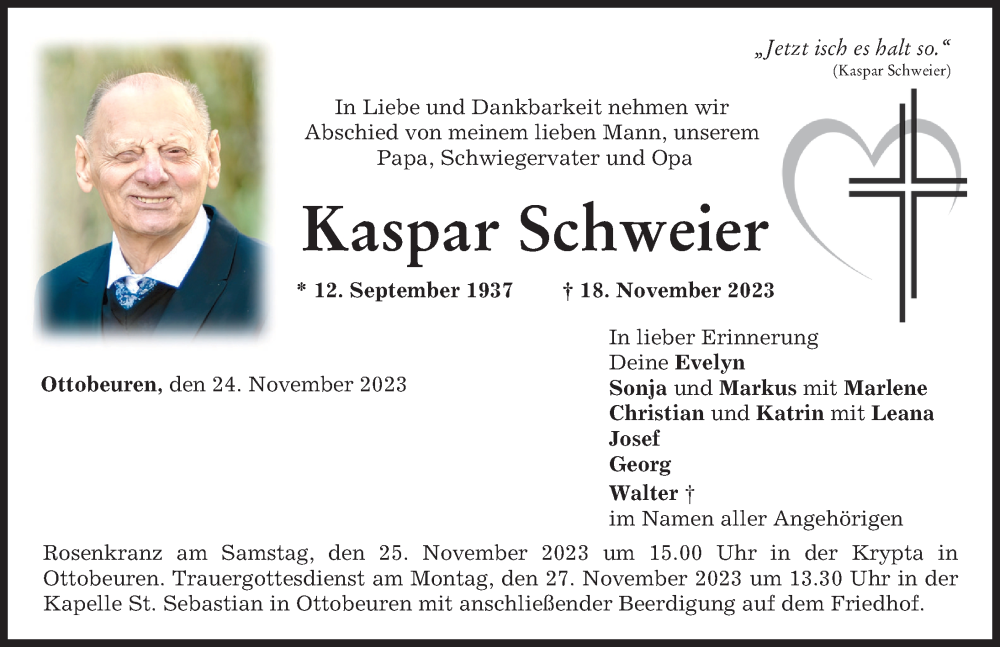  Traueranzeige für Kaspar Schweier vom 23.11.2023 aus Memminger Zeitung