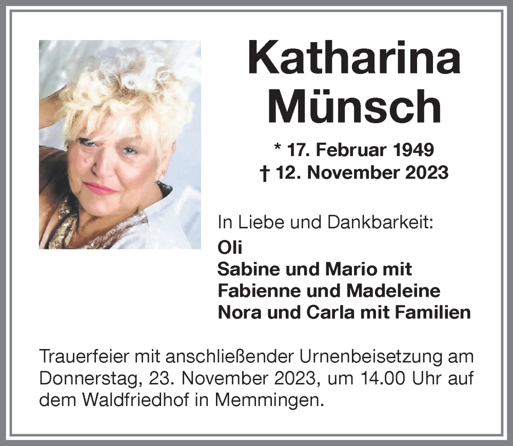  Traueranzeige für Katharina Münsch vom 20.11.2023 aus Memminger Zeitung