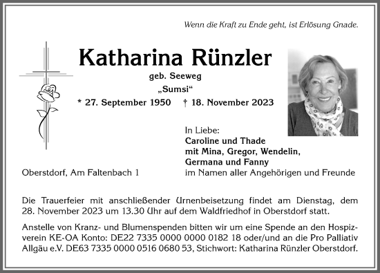 Traueranzeige von Katharina Rünzler von Allgäuer Anzeigeblatt
