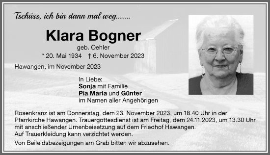 Traueranzeige von Klara Bogner von Memminger Zeitung