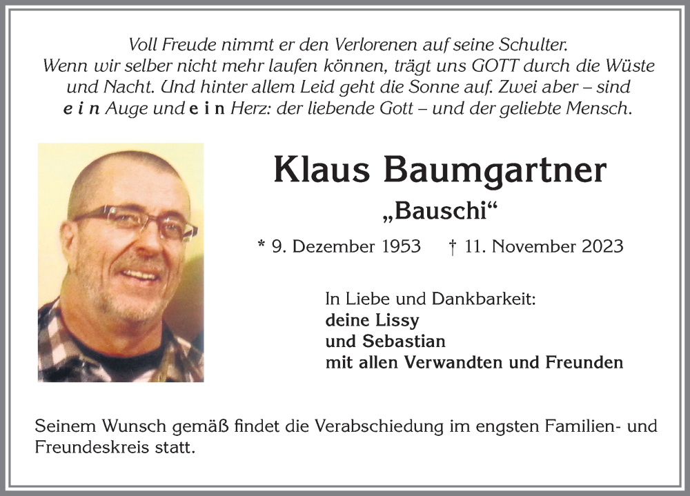  Traueranzeige für Klaus Baumgartner vom 18.11.2023 aus Allgäuer Zeitung, Kaufbeuren/Buchloe
