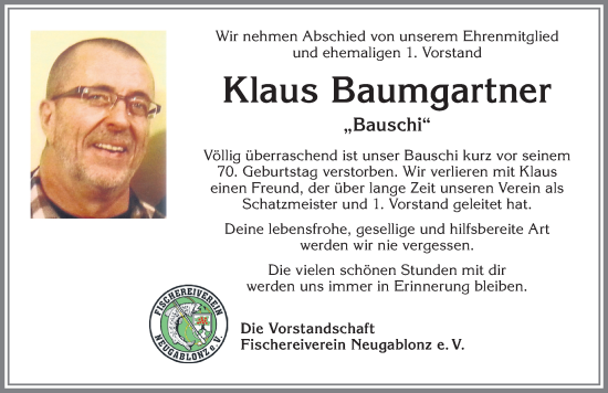 Traueranzeige von Klaus Baumgartner von Memminger Zeitung